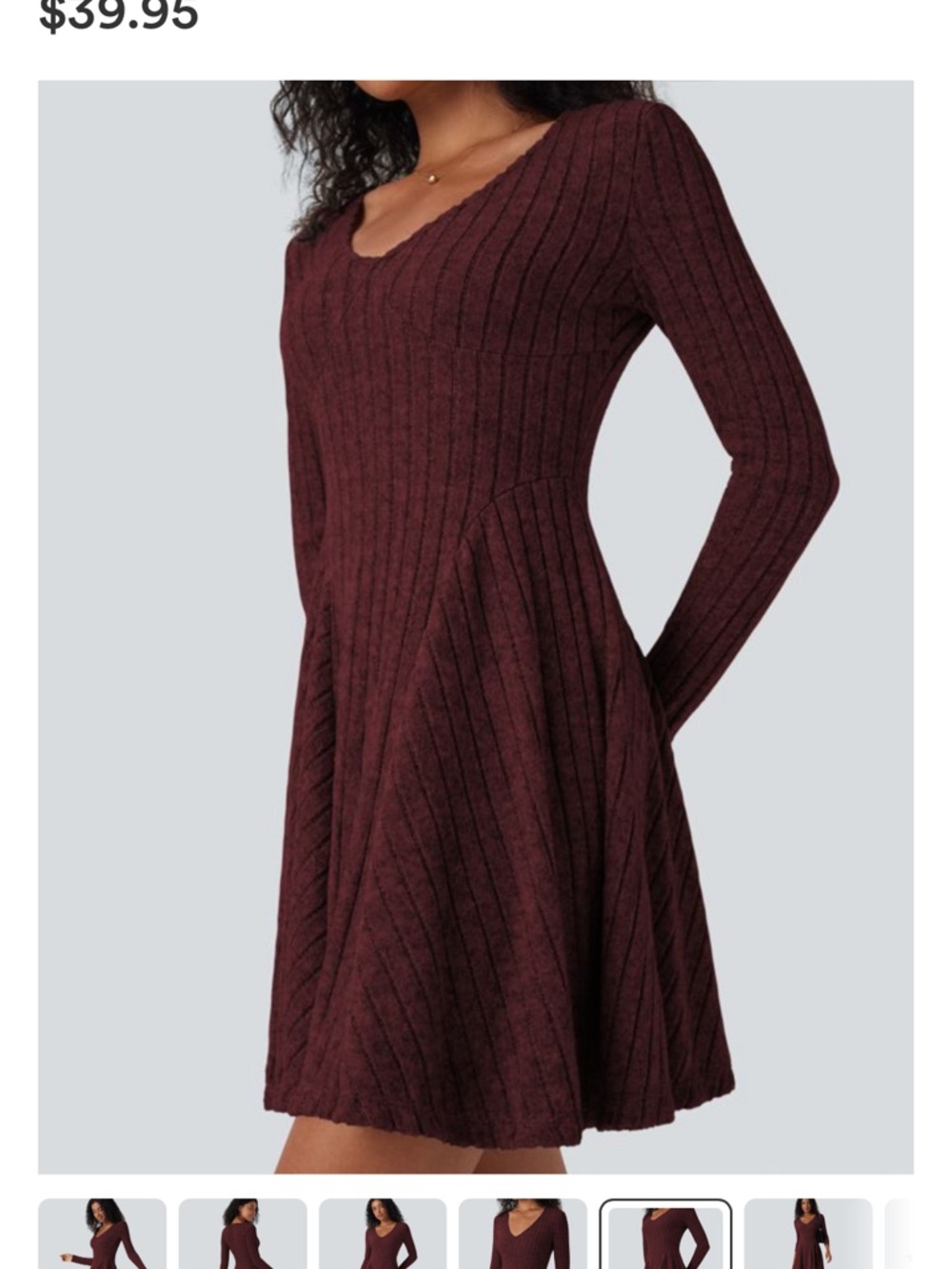 HALARA Wine Red Ribbed Knit V-Neck Long Sleeve Fit-and-Flare Mini Dress